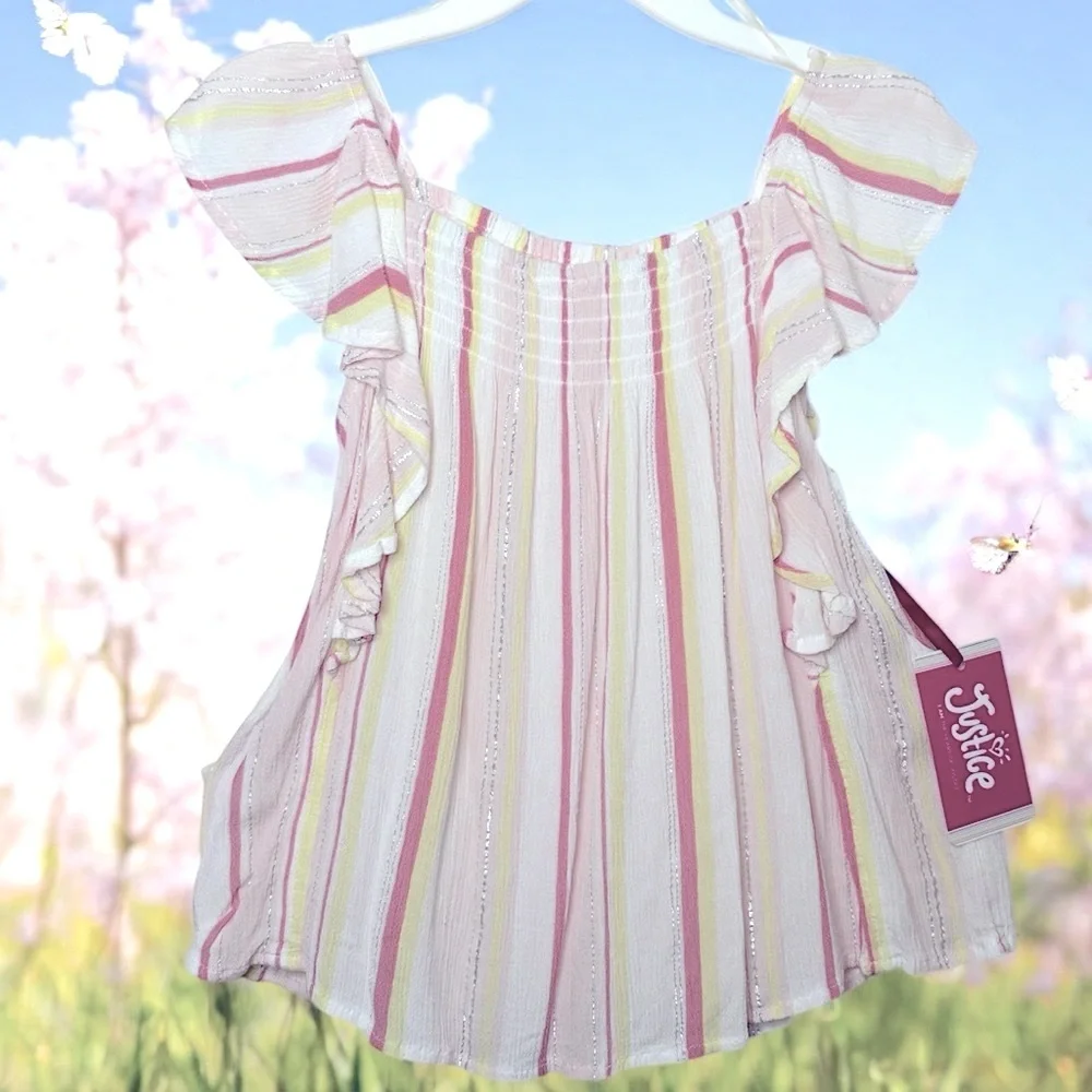 Justice Rose Water Striped Blouse with Ruffle Sleeves